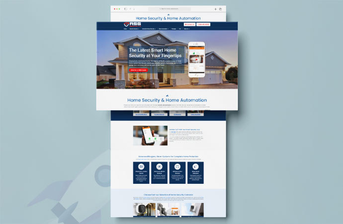 Screenshot of the ASG Security website homepage, showing a modern house with the headline 'The Latest Smart Home Security at Your Fingertips' and an image of a smartphone displaying the security app.